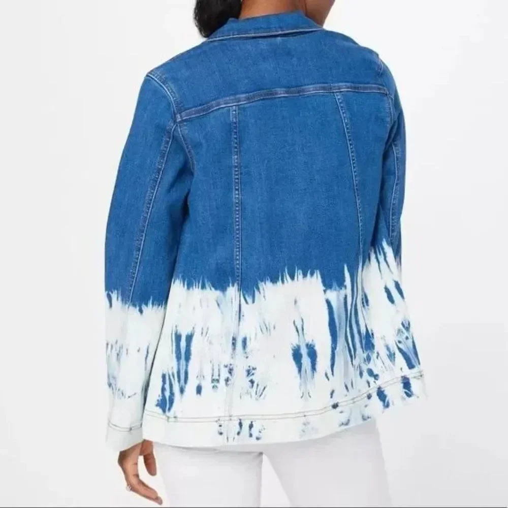 NWT LOGO Lori Goldstein Tie-Dye Ombré Denim Jean Jacket Blue White Boho Sz 4